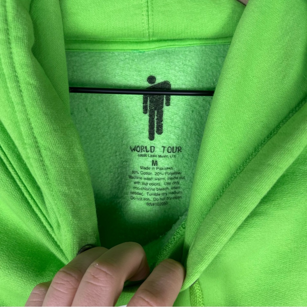 BILLIE EILISH World Tour Neon Green Medium Unisex Baggy Hoodie Sweatshirt - Picture 3 of 4